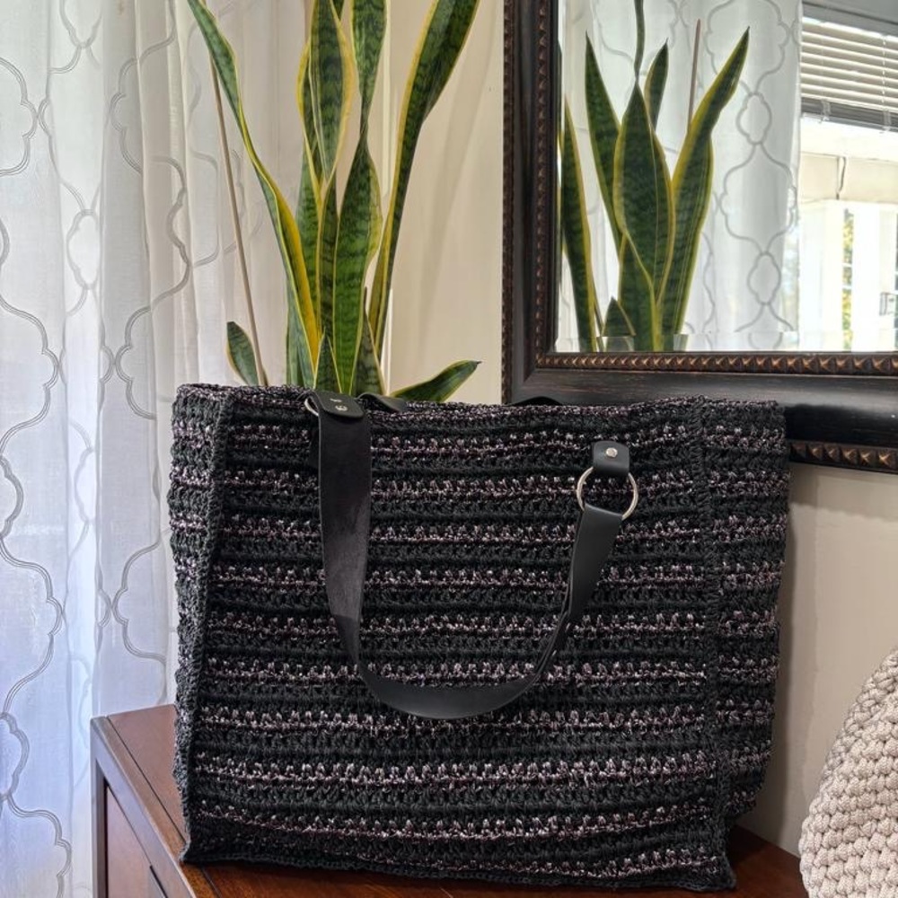 Handmade black metalic and paper yarn crochet bag